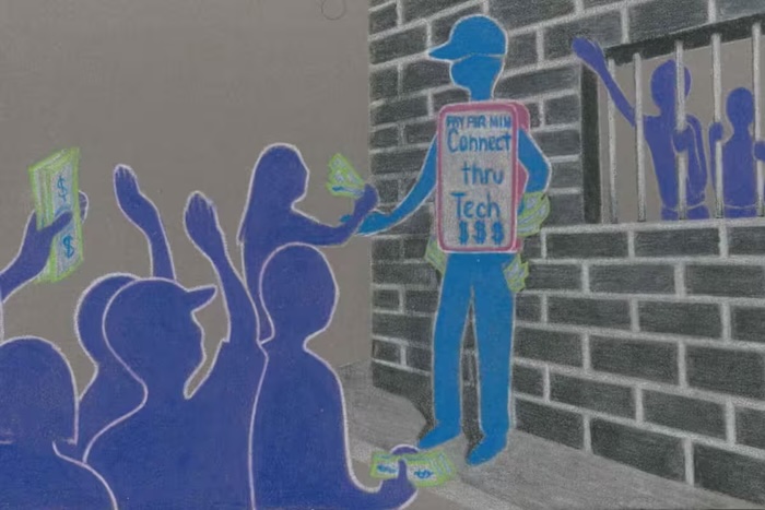 Cartoon of man taking money standing in front of prison