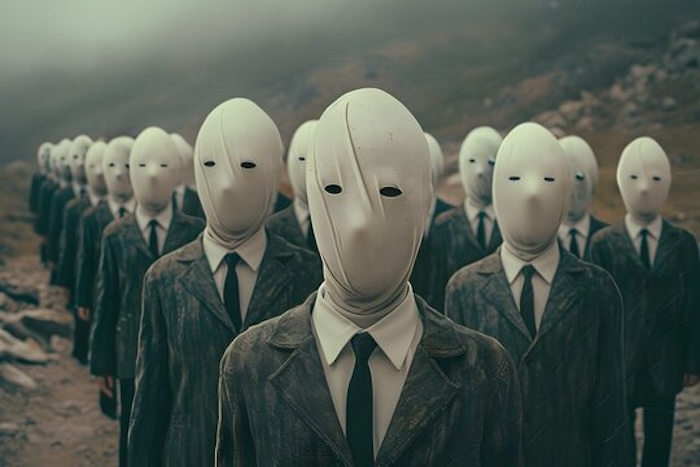 Characters wearing hoods in a line