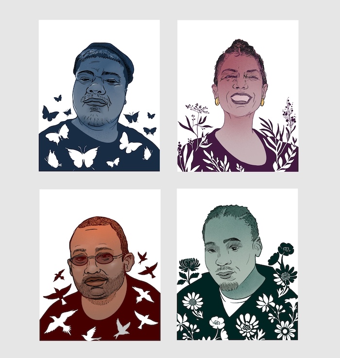 Four sketched portraits arranged in a square